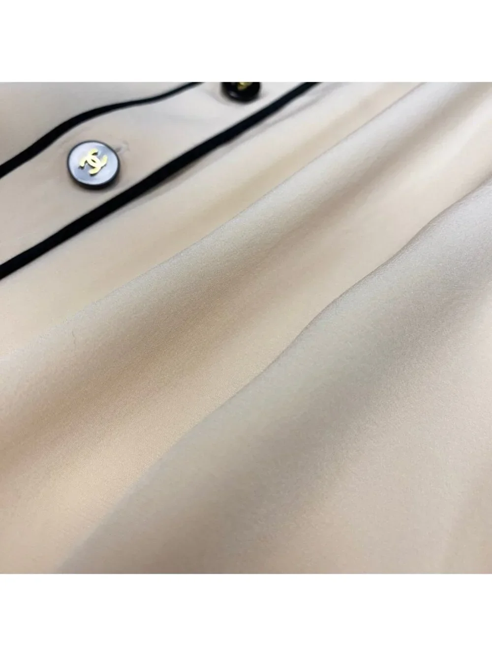 Chanel Long Sleeve Shirt CC Logo Button 38 Ivory Black Silk 100%